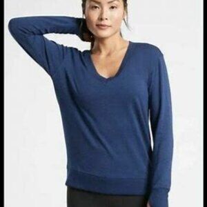 Athleta Navy Blue V-Neck Sweatshirt Sunrise balance coaster LP L large petite
